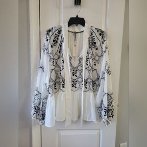NWT By Anthropologie Long-Sleeve Tie-Neck Embroidered Blouse White Black Size XL